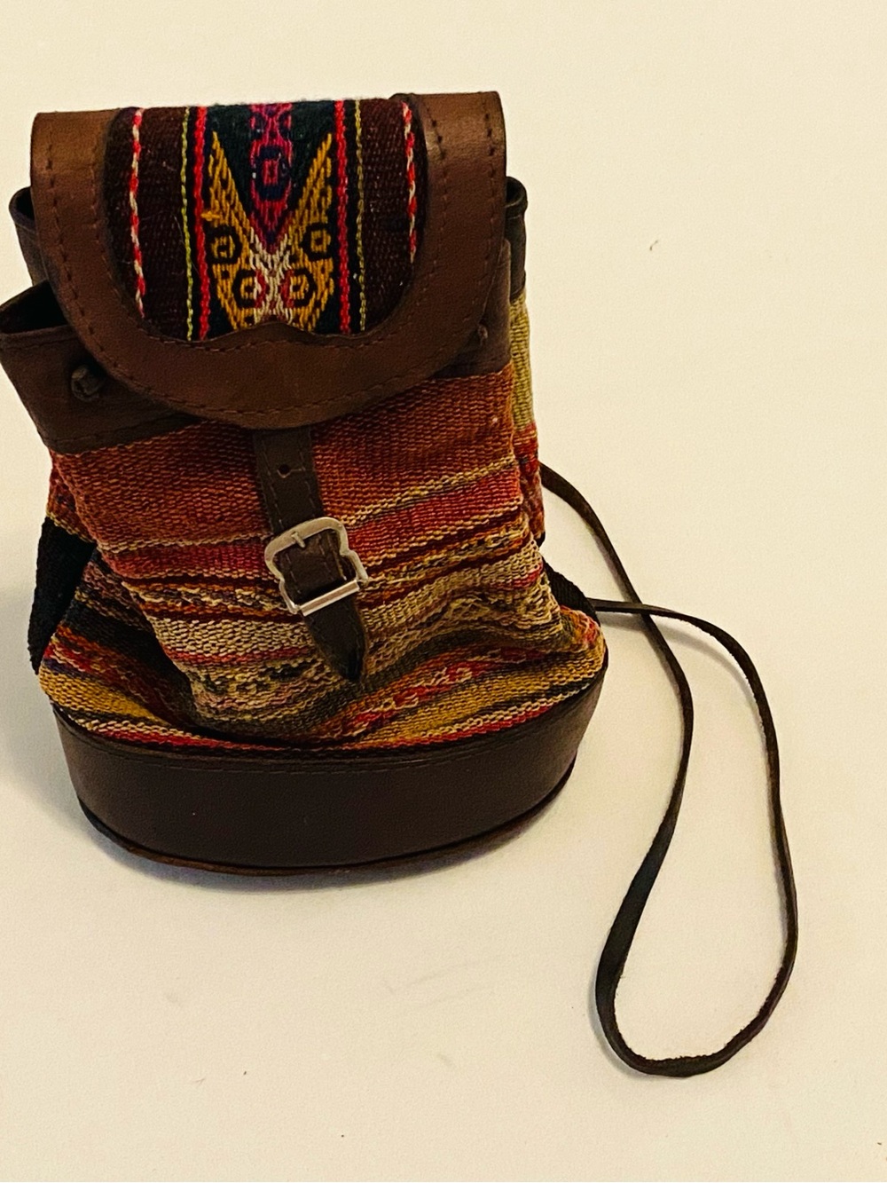 Hand Crafted Boho Woven Cotton & Leather Crossbody Bucket Purse, Multicolor.